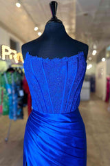 Strapless Ivory Slit Mermaid Prom Dress with Sheer Lace Top