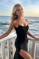 Strapless Ivory Slit Mermaid Prom Dress with Sheer Lace Top