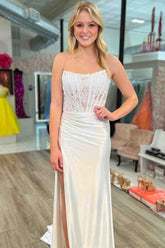 Strapless Ivory Slit Mermaid Prom Dress with Sheer Lace Top