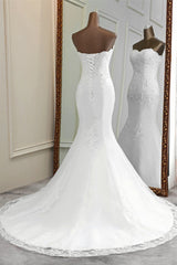 Strapless Lace Applique Long Mermaid Wedding Dress with Beading