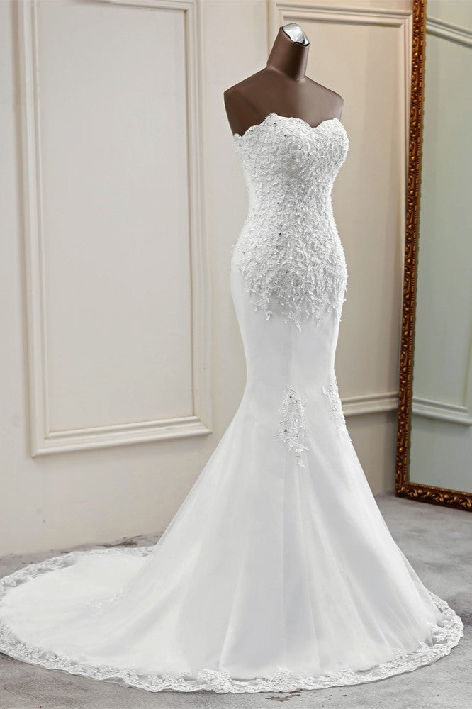 Strapless Lace Applique Long Mermaid Wedding Dress with Beading