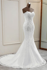 Strapless Lace Applique Long Mermaid Wedding Dress with Beading