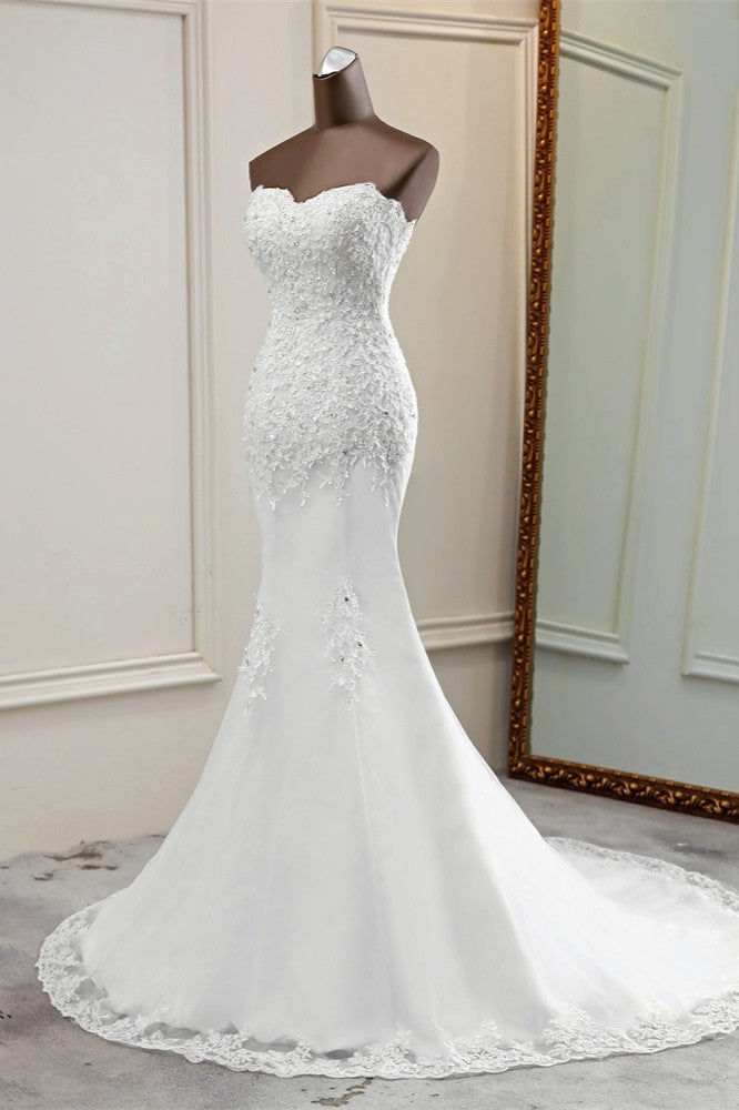 Strapless Lace Applique Long Mermaid Wedding Dress with Beading