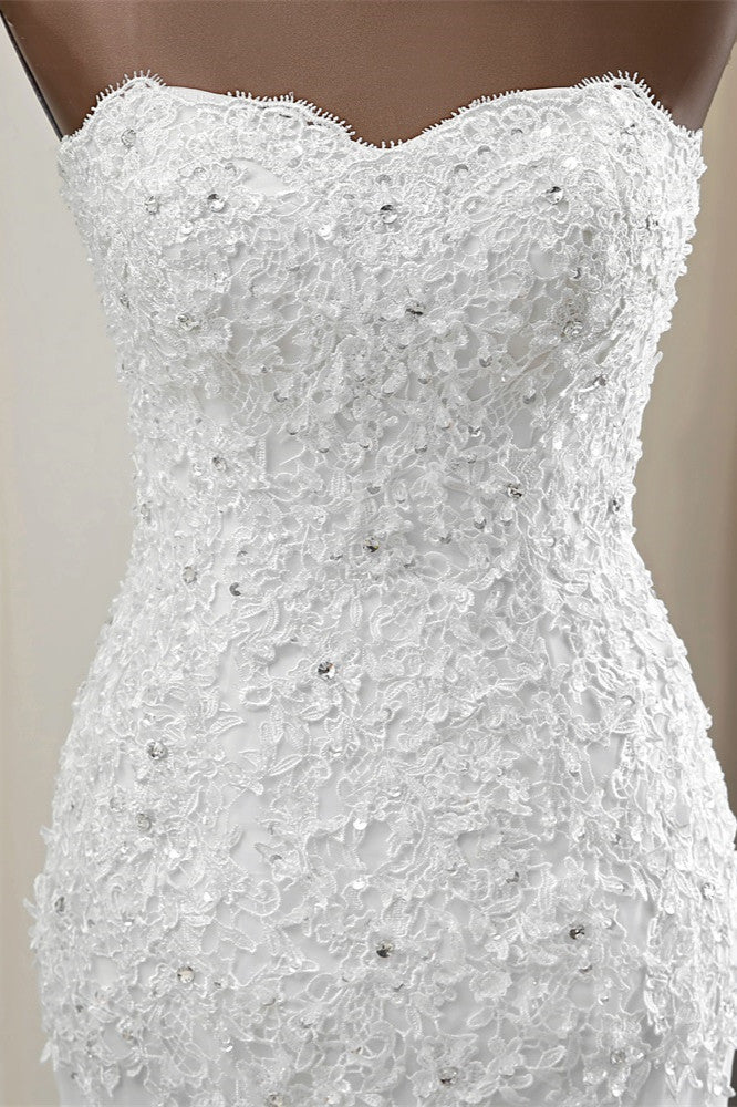 Strapless Lace Applique Long Mermaid Wedding Dress with Beading