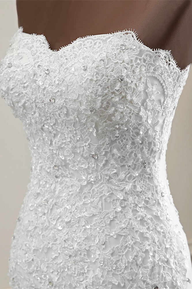 Strapless Lace Applique Long Mermaid Wedding Dress with Beading