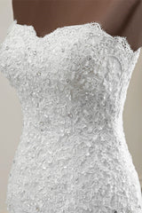 Strapless Lace Applique Long Mermaid Wedding Dress with Beading