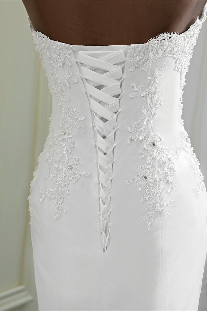Strapless Lace Applique Long Mermaid Wedding Dress with Beading