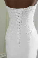 Strapless Lace Applique Long Mermaid Wedding Dress with Beading