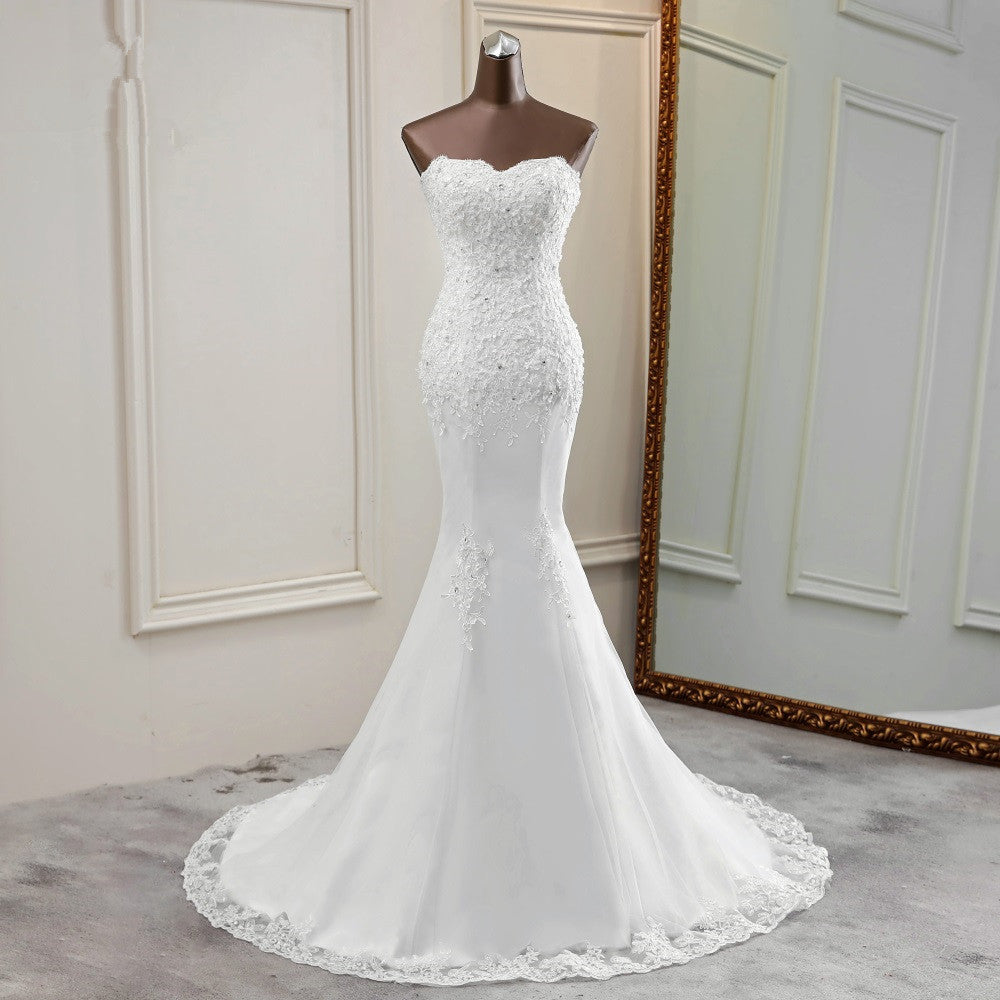 Strapless Lace Applique Long Mermaid Wedding Dress with Beading