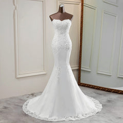 Strapless Lace Applique Long Mermaid Wedding Dress with Beading