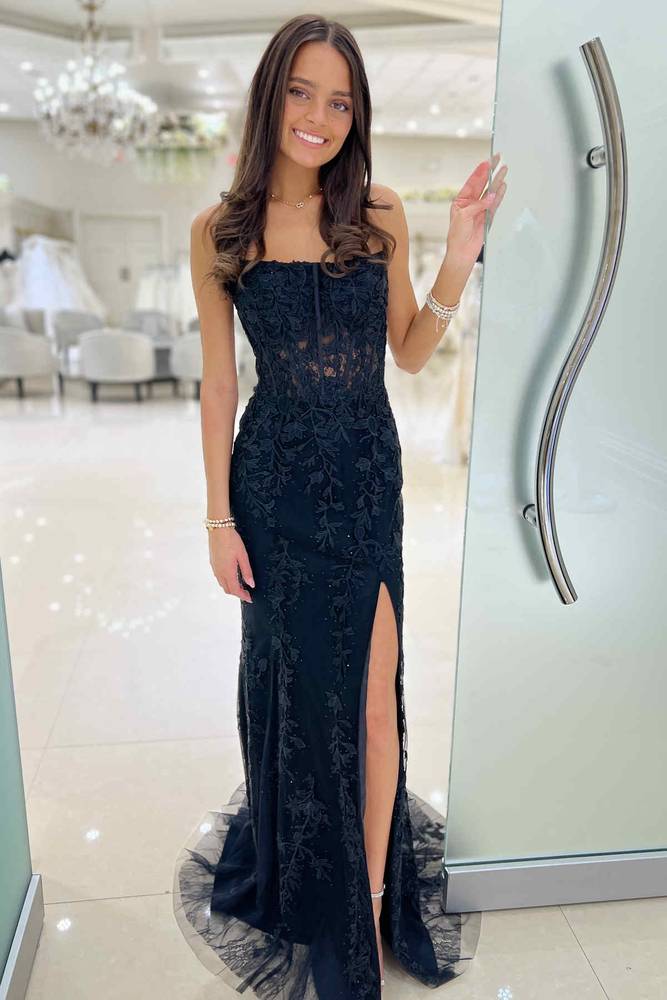 Strapless Lace Corset Mermaid Slit Long Prom Dress