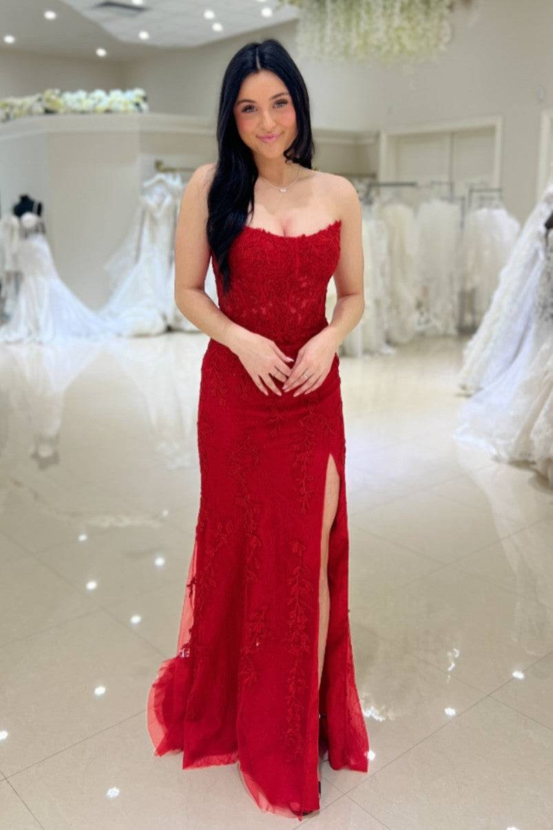 Strapless Lace Corset Mermaid Slit Long Prom Dress