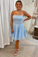 Strapless Light Blue A-Line Short Party Dress