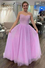 Strapless Lilac Pleated Top Tulle Long Prom Dress