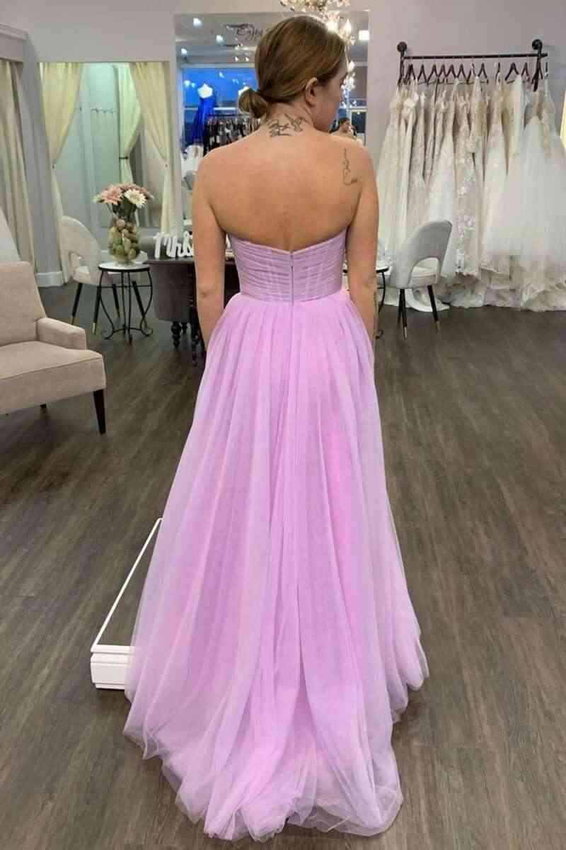 Strapless Lilac Pleated Top Tulle Long Prom Dress