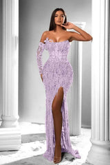 Strapless Long Sleeve Long Prom Dress with Split and Appliques