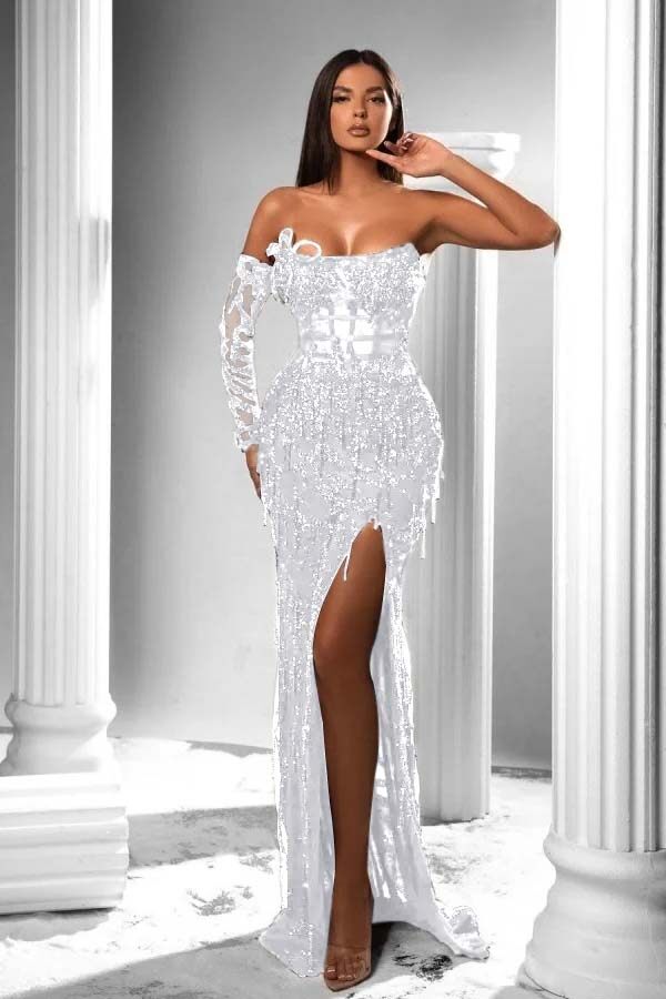 Strapless Long Sleeve Long Prom Dress with Split and Appliques
