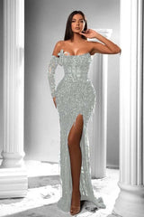 Strapless Long Sleeve Long Prom Dress with Split and Appliques