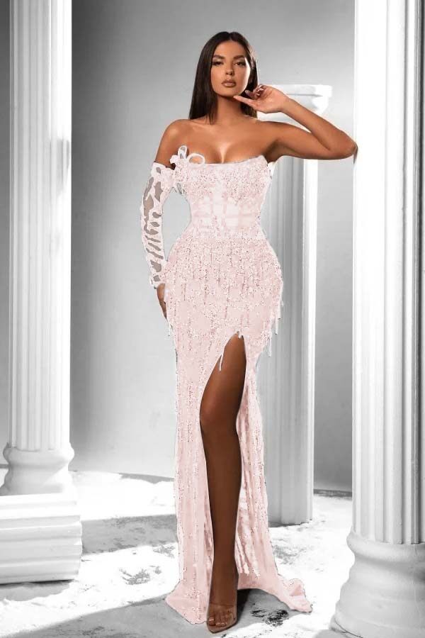 Strapless Long Sleeve Long Prom Dress with Split and Appliques