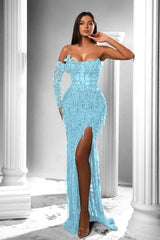 Strapless Long Sleeve Long Prom Dress with Split and Appliques