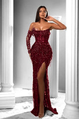 Strapless Long Sleeve Long Prom Dress with Split and Appliques