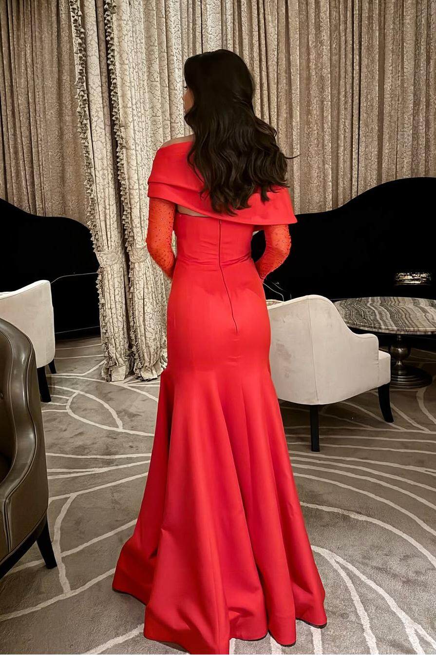 Off the Shoulder Strapless Mermaid Long Pleated Prom Dress with Gloves