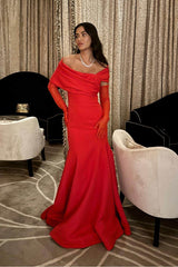 Off the Shoulder Strapless Mermaid Long Pleated Prom Dress with Gloves