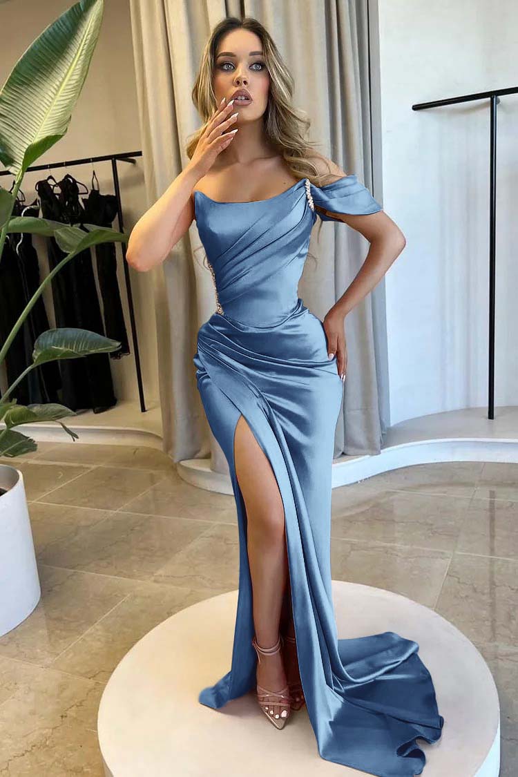 One Shoulder Strapless Mermaid Long Prom Dress with Beading and Split
