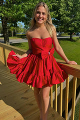 Strapless Pink Taffeta A-line Short Party Dress with Bow