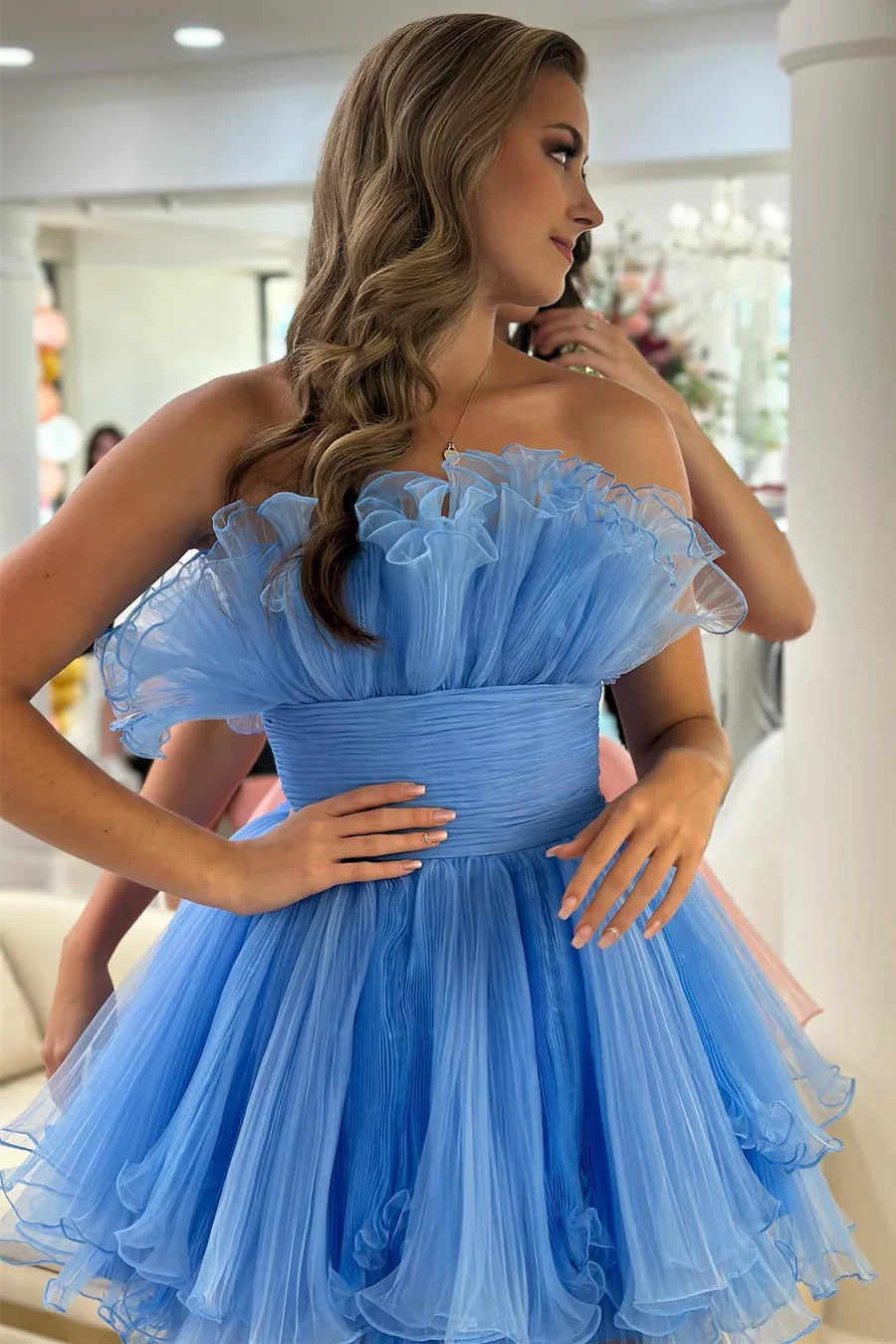Strapless Ruffled Sky Blue Tulle Short Party Dress
