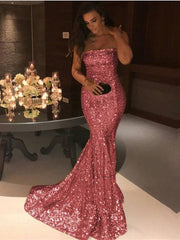 Strapless Mermaid Long Prom Dress with Sequins and Pleated
