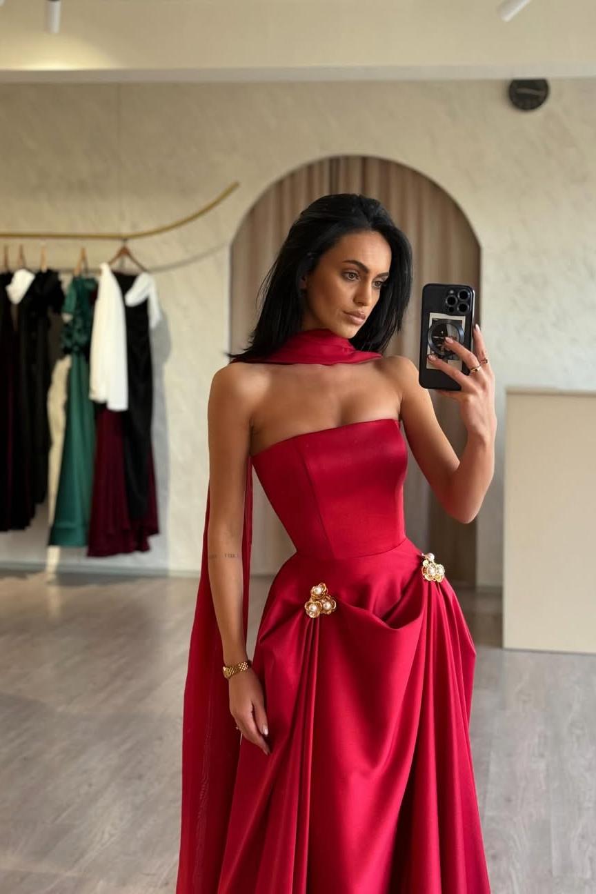 Strapless A-Line Long Prom Dress with Beading and Ruffles