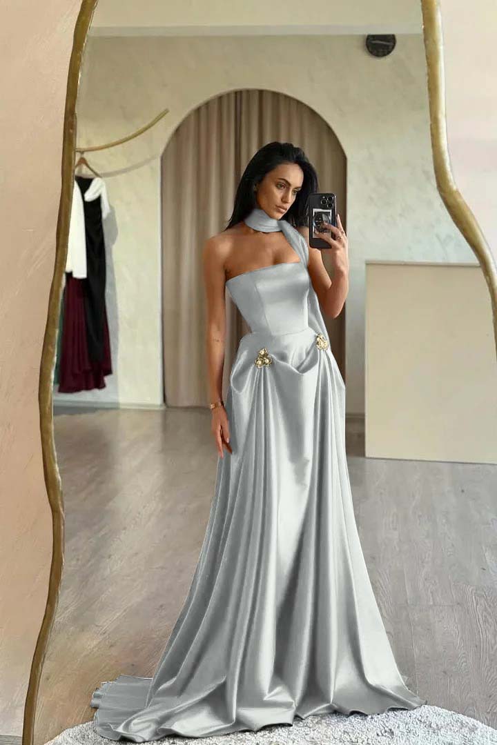 Strapless A-Line Long Prom Dress with Beading and Ruffles