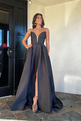 Simple Strapless Floor Length Long Prom Dress with Split