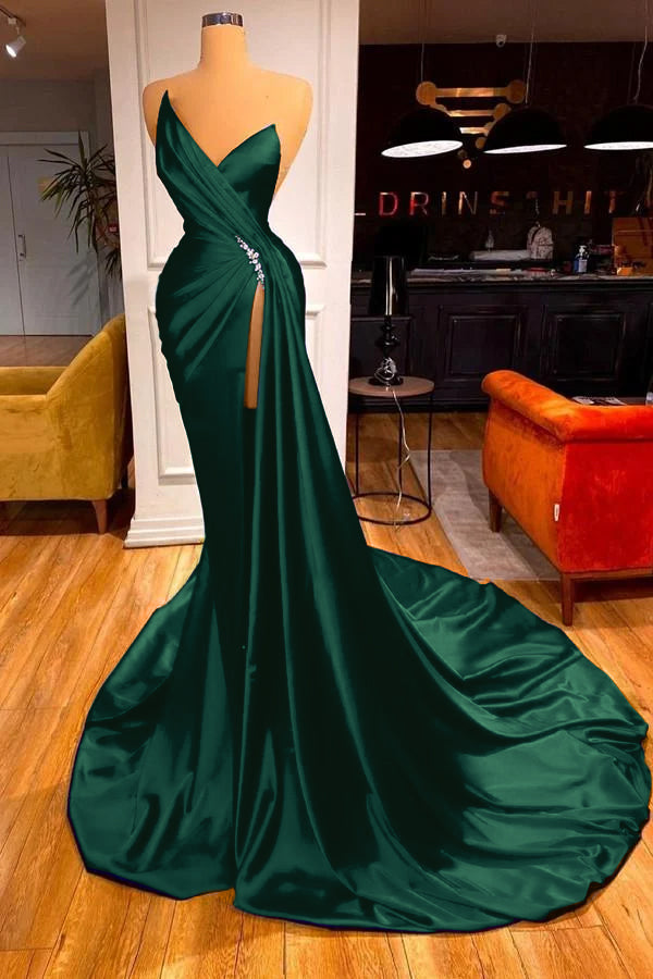Strapless Sleeveless High Split Long Prom Dress With Beading