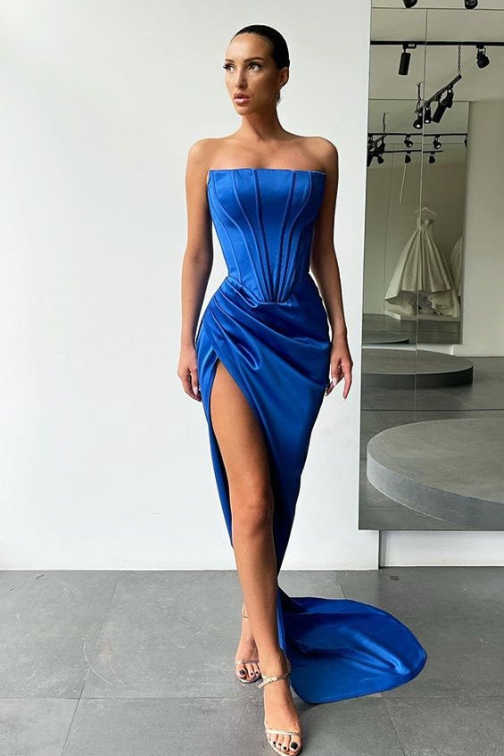 Simple Strapless Long Pleated Prom Dress with Split