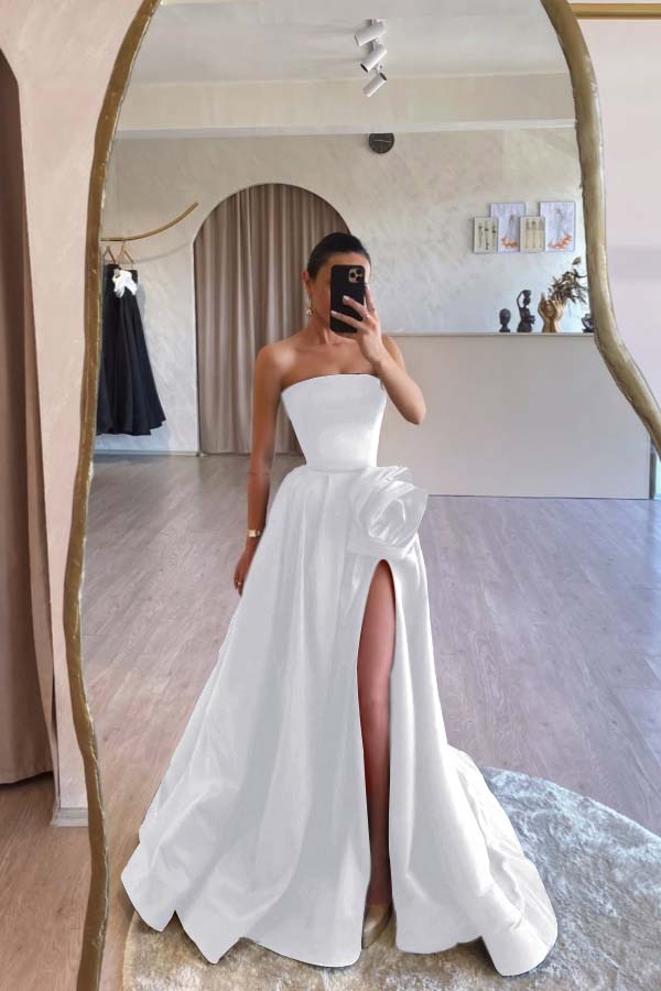 Strapless Sleeveless Long A Line Prom Dress With Split Pleated