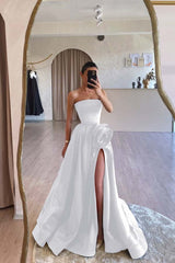 Strapless Sleeveless Long A Line Prom Dress With Split Pleated