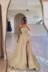 Strapless Sleeveless Long A Line Prom Dress With Split Pleated
