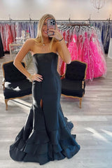 Strapless Long Prom Dress with Split and Ruffles