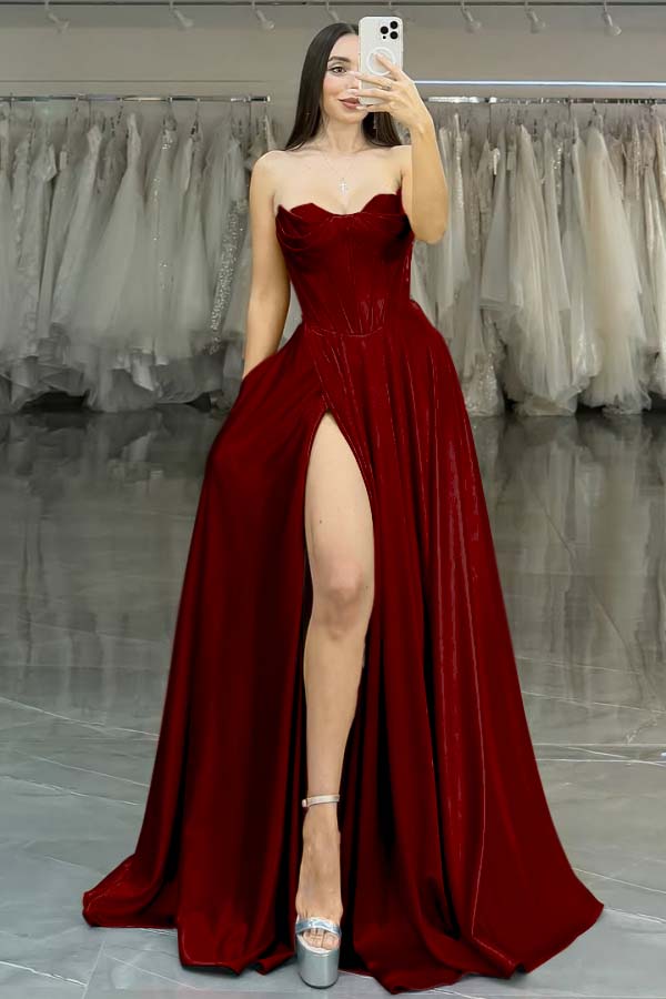 Strapless Long Prom Dress with Split Pleated