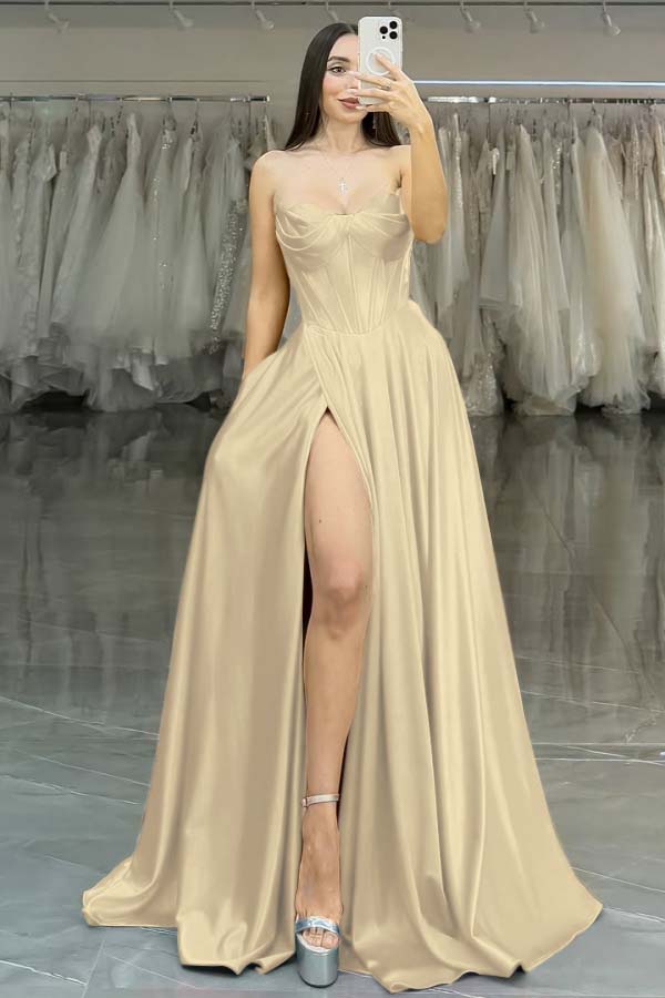 Strapless Long Prom Dress with Split Pleated