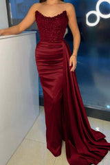 Strapless Mermaid Long Prom Dress with Beading Pleated