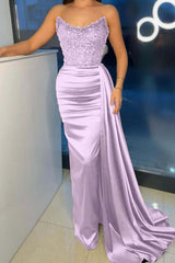 Strapless Mermaid Long Prom Dress with Beading Pleated