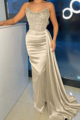 Strapless Mermaid Long Prom Dress with Beading Pleated