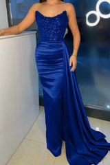 Strapless Mermaid Long Prom Dress with Beading Pleated