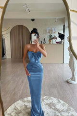 Strapless Mermaid Long Pleated Prom Dress with Bowknot