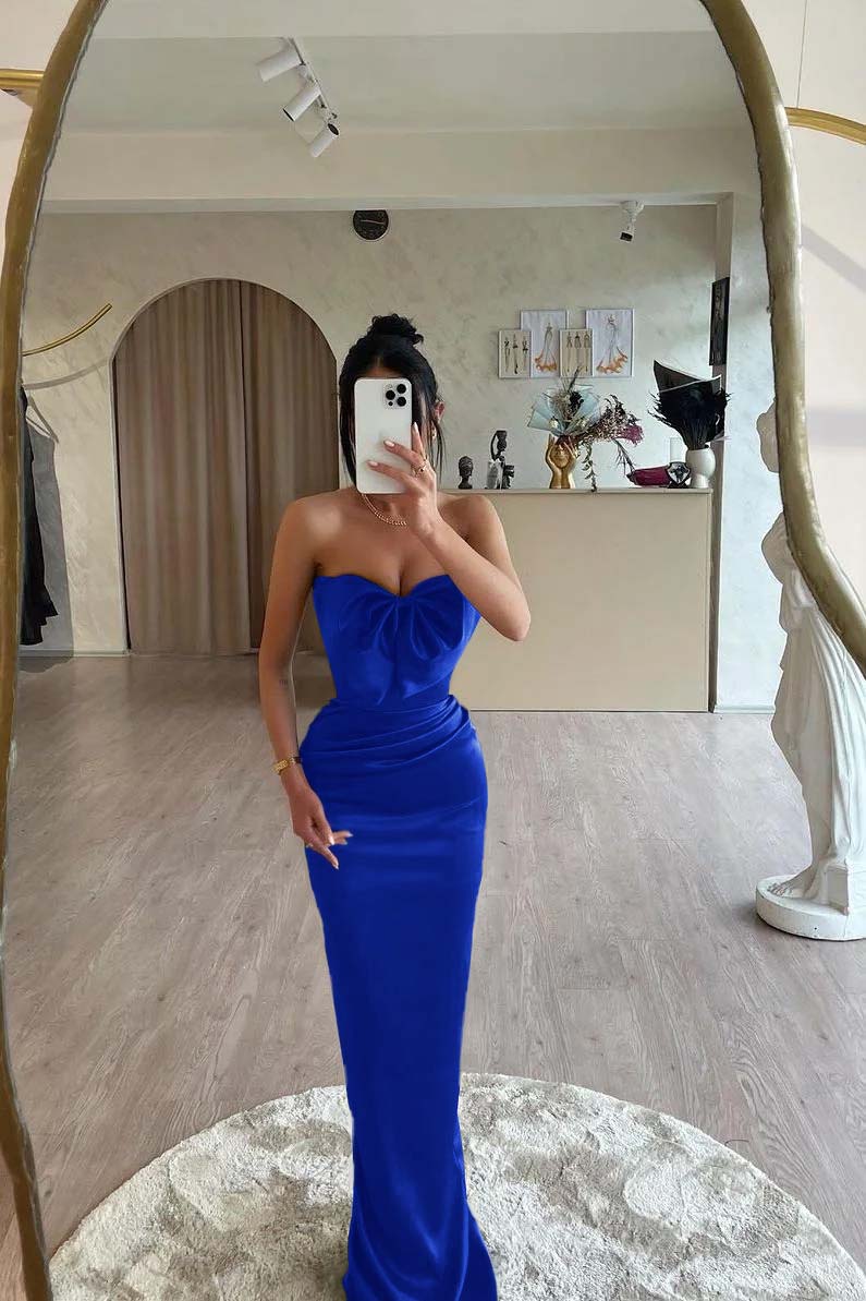 Strapless Mermaid Long Pleated Prom Dress with Bowknot