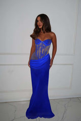 Strapless Mermaid Long Prom Dress with Lace Pleated
