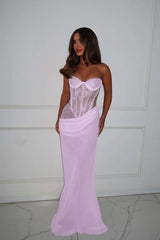 Strapless Mermaid Long Prom Dress with Lace Pleated
